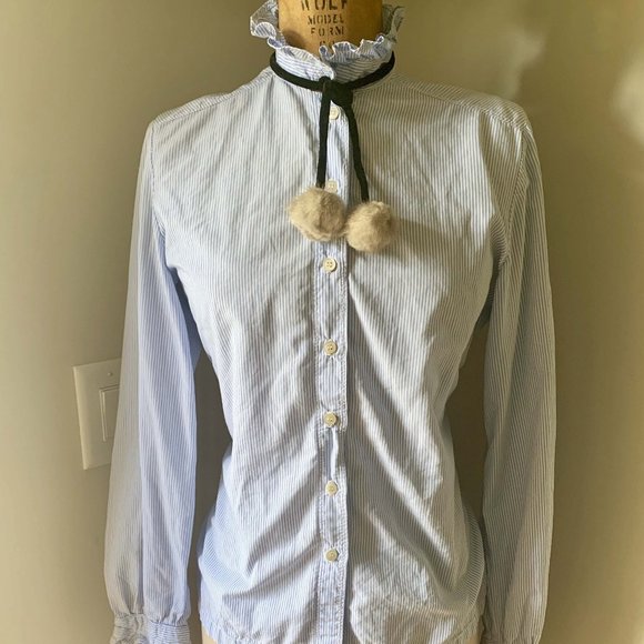 Vintage Tops - Vintage cotton ticking stripe ruffle shirt S 2-4